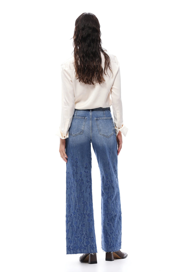 Embroidered High Rise Wide Leg Jeans