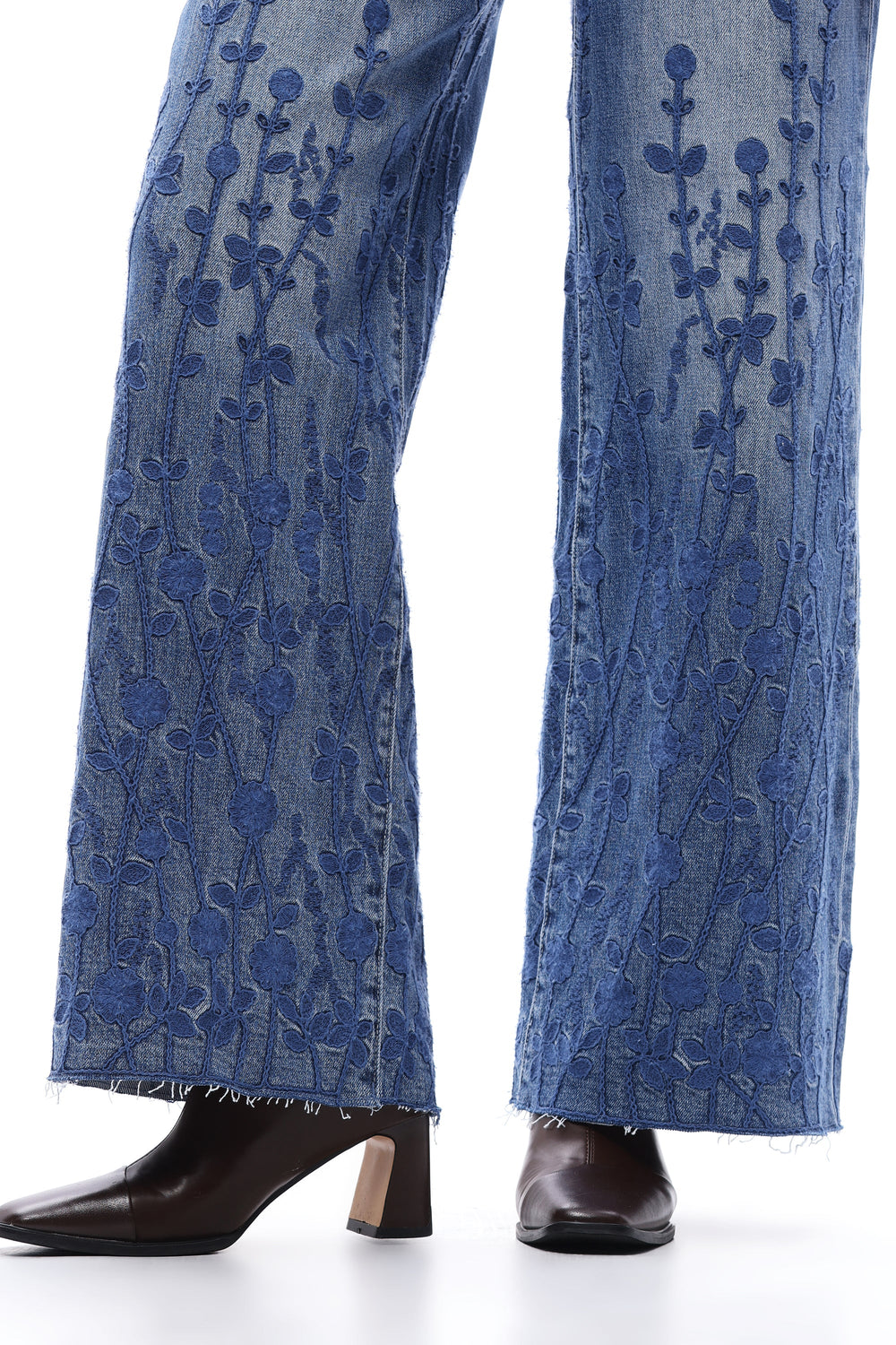 Embroidered High Rise Wide Leg Jeans