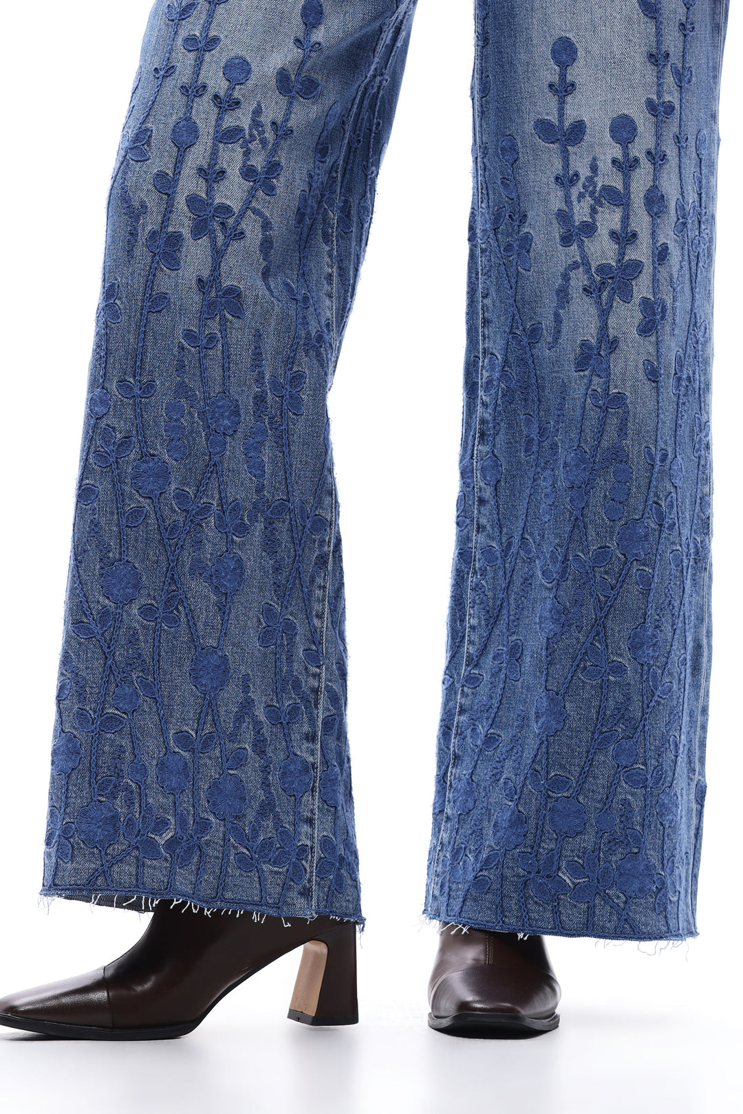 Embroidered High Rise Wide Leg Jeans