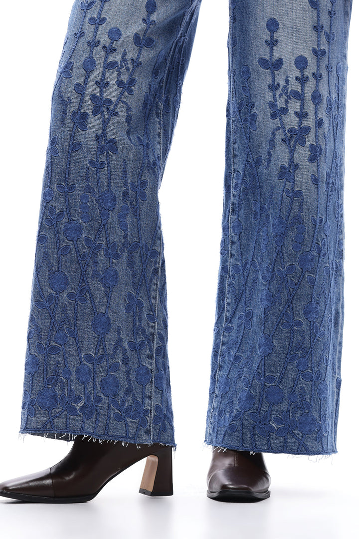 Embroidered High Rise Wide Leg Jeans