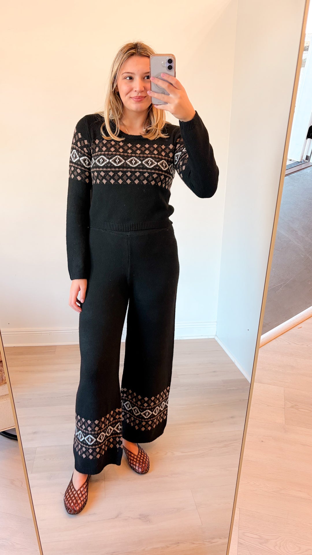 Black Fair Isle Wide Leg Pant