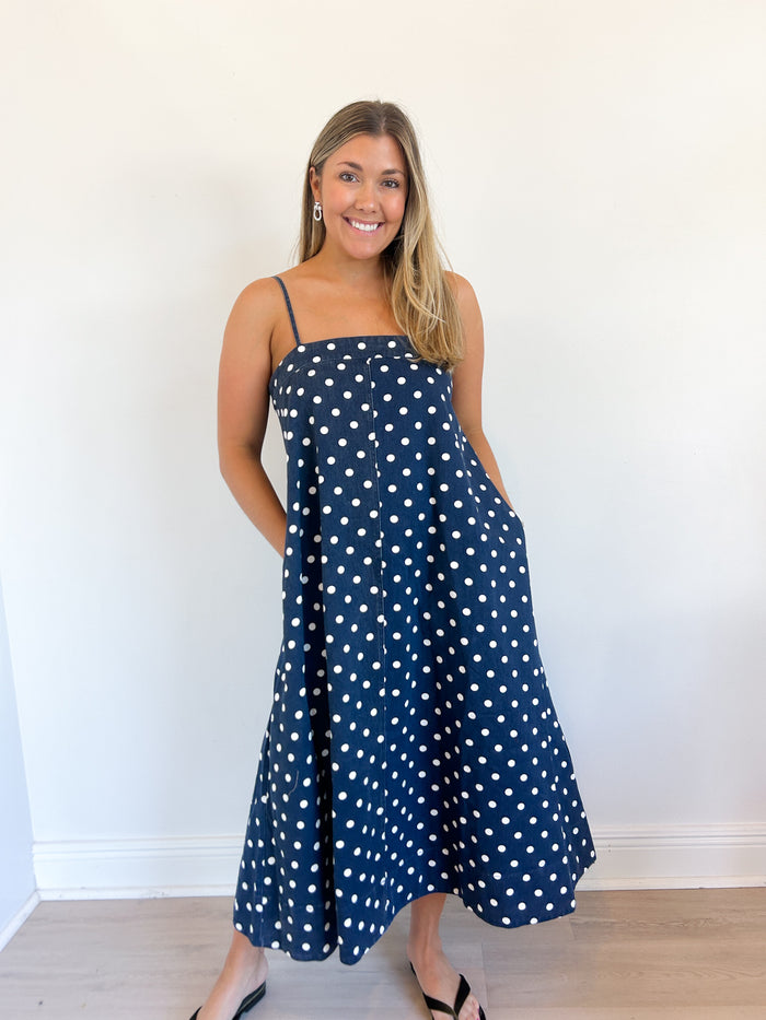 Delia Denim Polka Dot Midi Dress