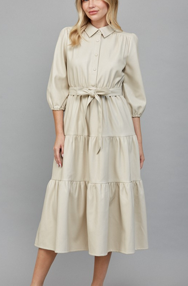 Hana Faux Leather Tiered Midi Dress