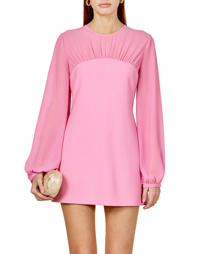 Mixed Media Mini Dress with Puff Sleeve pink