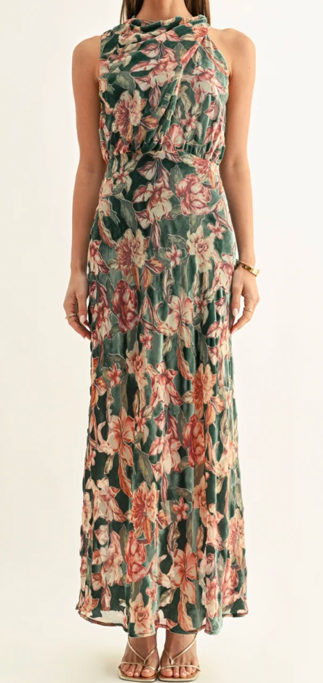 Veda Burnout Velvet Draped Maxi Dress