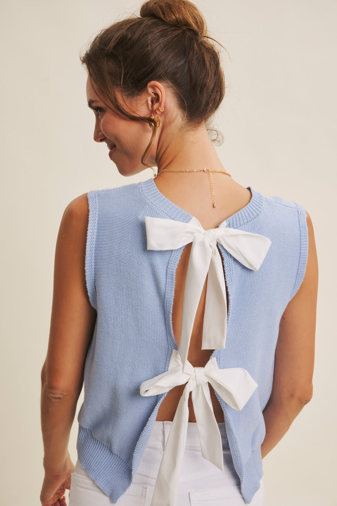 INFJ2877SW Khloe Twist Contrast Bow Back Sweater Top